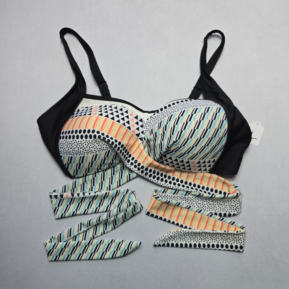 Black Dot Crisscross Belt Tie Padded Swim Sports Bra Beach Bikini Top L Large